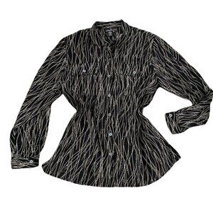 VTG Carole Little Sz 14 Button Front Tunic Blouse Black Silver Metallic #229J